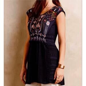 Anthropologie one September Women's XS Petite embroidered navy tunic blouse top